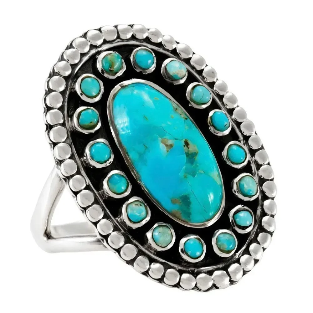 Vintage Style Sterling Silver Turquoise Cluster Statement Ring Southwestern Boho